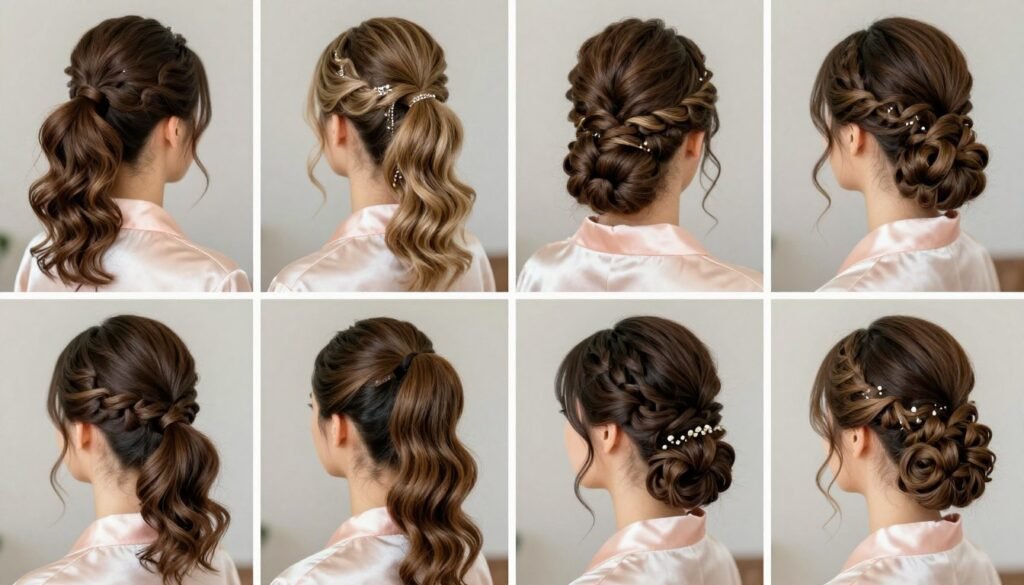 Various ponytail bridesmaid hairstyles showing different styling options Various ponytail bridesmaid hairstyles showing different styling options
