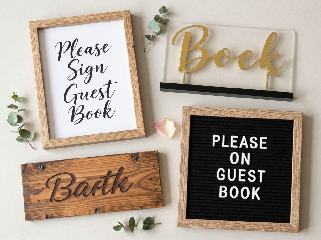 Various styles of guest book table signage including calligraphy, acrylic, and wooden options Various styles of guest book table signage including calligraphy, acrylic, and wooden options
