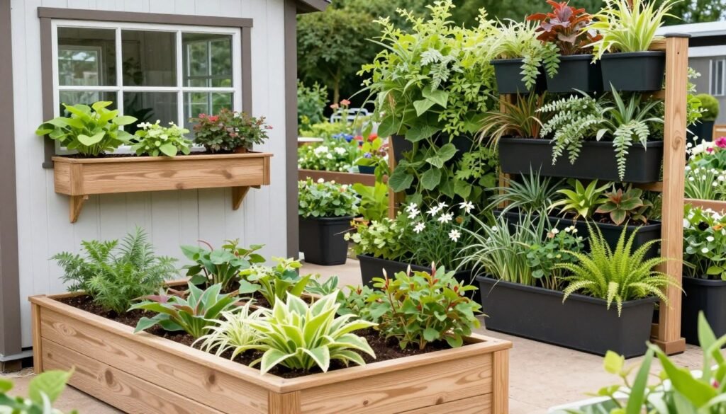Various styles of planter boxes including raised beds, window boxes, and vertical planters in a garden setting Various styles of planter boxes including raised beds, window boxes, and vertical planters in a garden setting