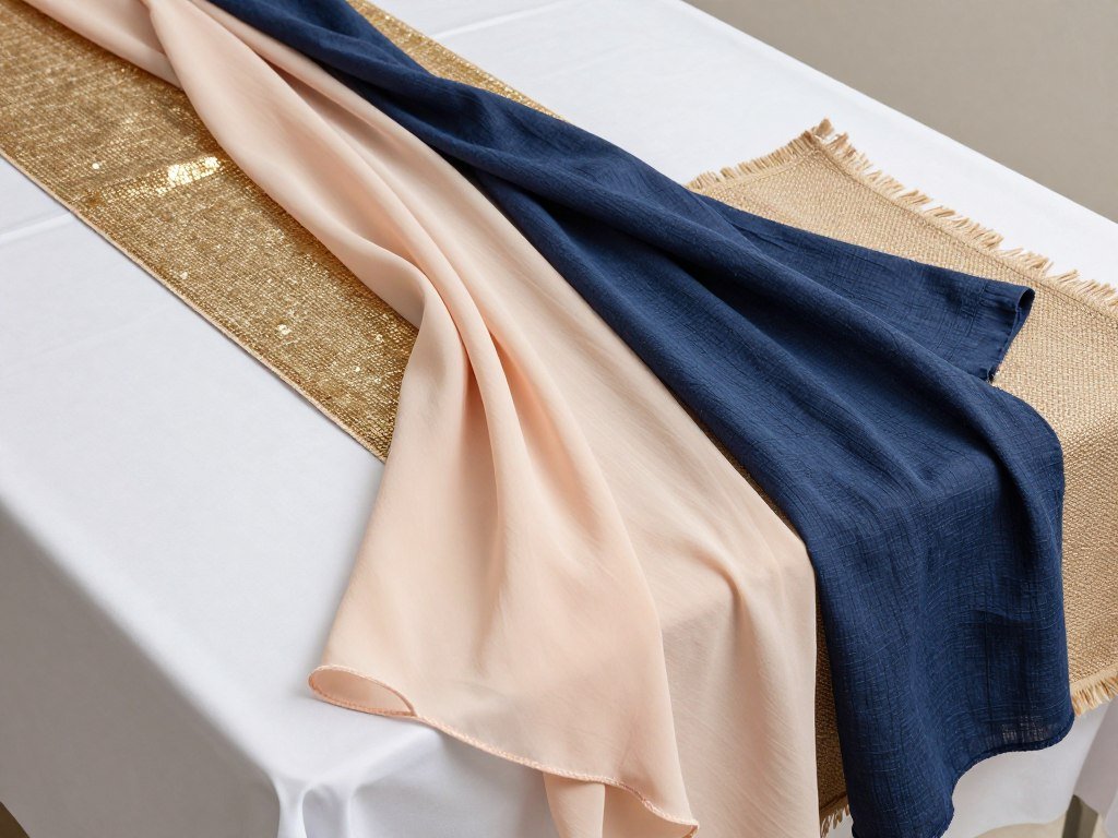Various table linens for cake table decorations including satin, sequin, and textured options