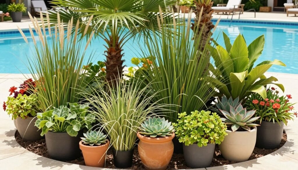 Various tropical and drought-tolerant plants thriving in planters around a sunny pool area Various tropical and drought-tolerant plants thriving in planters around a sunny pool area