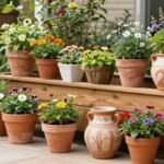 Various types of outdoor planters including hanging baskets, raised beds, and decorative pots arranged in a garden setting