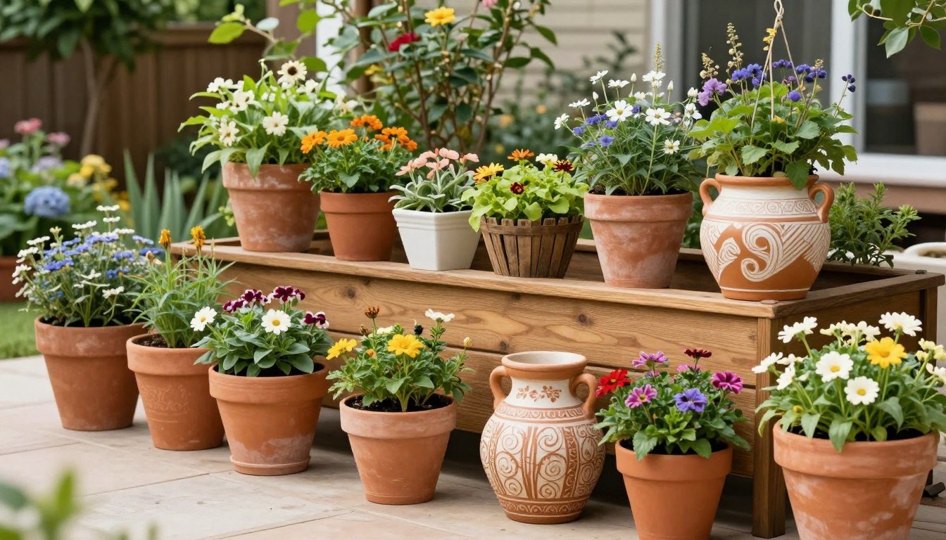 Various types of outdoor planters including hanging baskets, raised beds, and decorative pots arranged in a garden setting