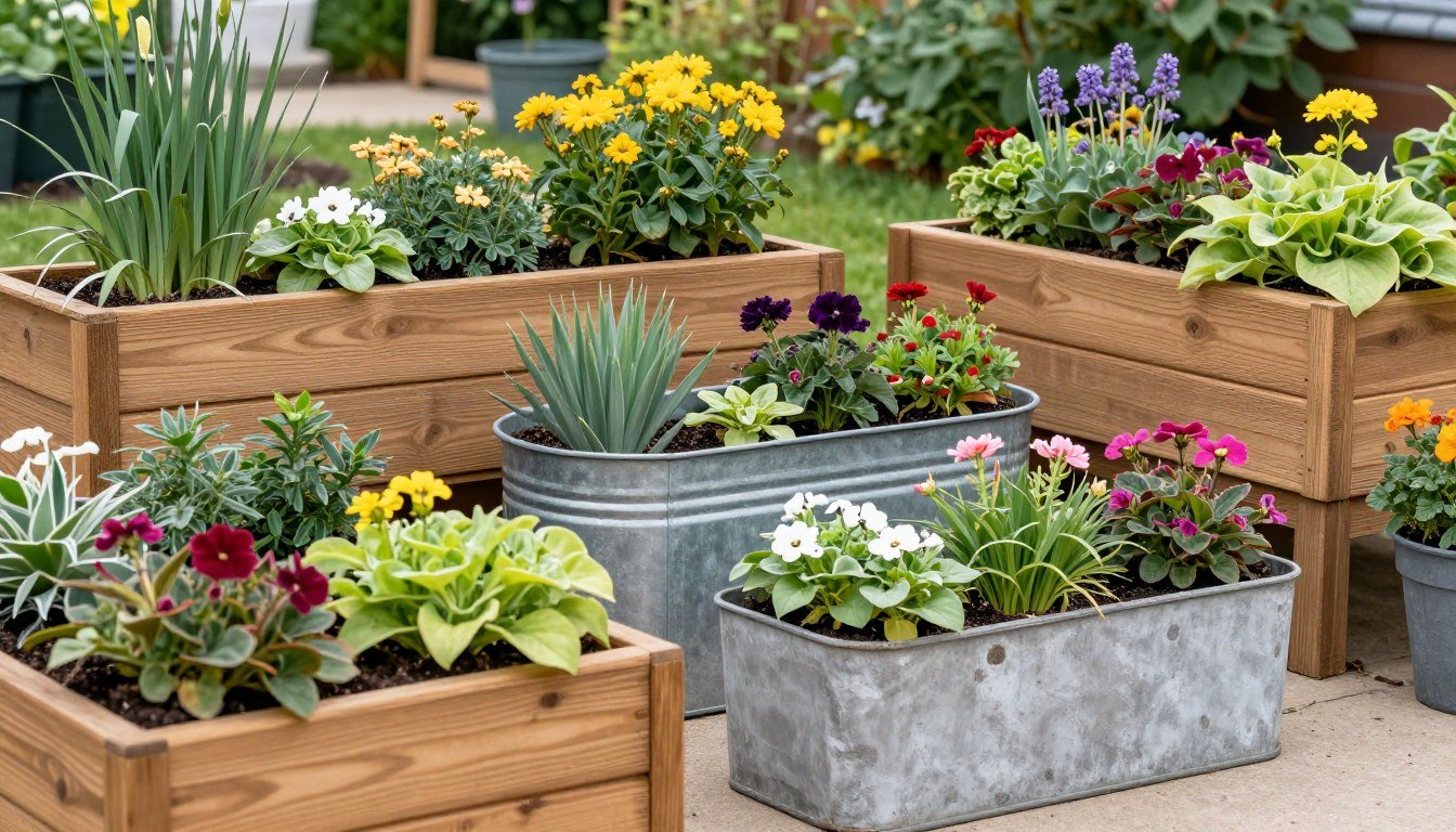 Various types of planter boxes made from different materials including wood, metal, and concrete