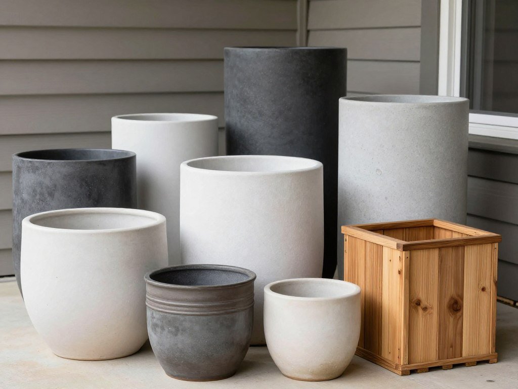 Various types of planters in different materials displayed on a porch