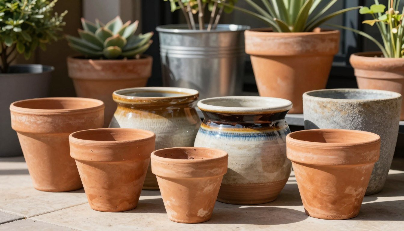 Various types of planters suitable for full sun conditions including terracotta, ceramic, and metal containers