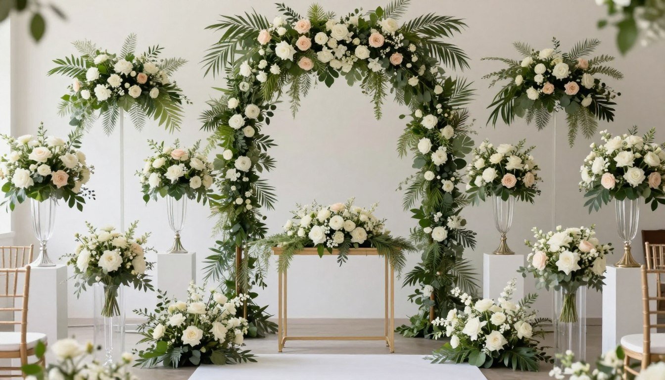 Various types of wedding flower decorations including centerpieces, hanging installations, and ceremony flowers