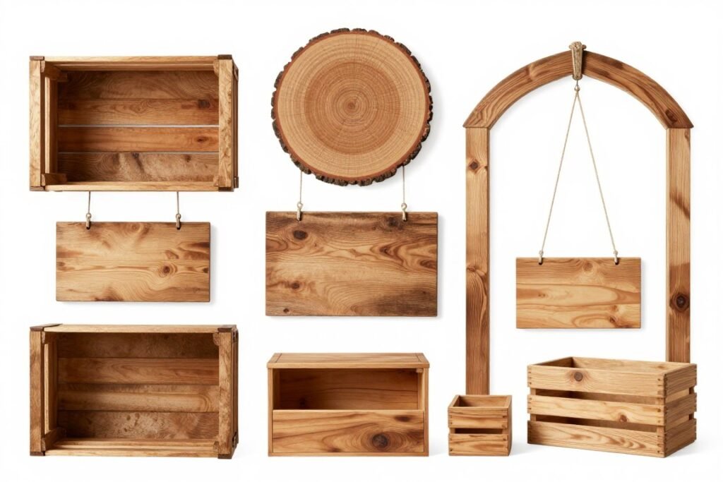 Various wooden elements used in rustic wedding decor including crates, slices, and signs