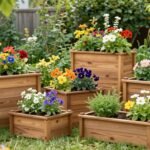 Various wooden planter boxes in a garden setting with colorful flowers and vegetables