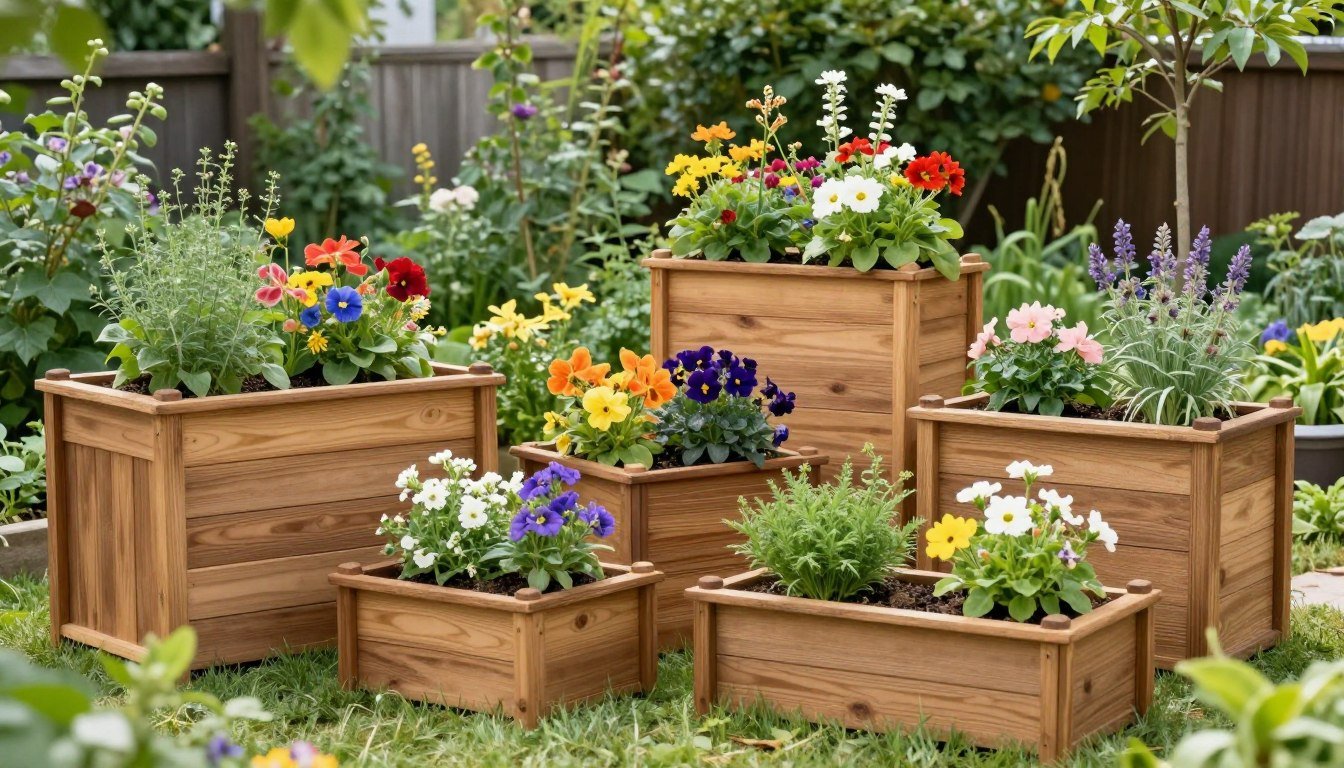 Various wooden planter boxes in a garden setting with colorful flowers and vegetables