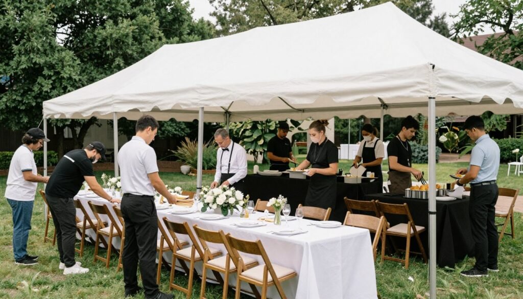 Vendor setup in progress at backyard wedding venue