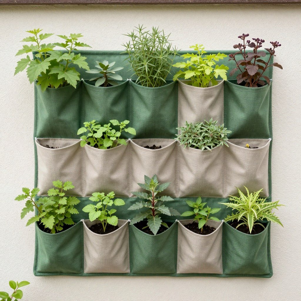 Vertical fabric pocket wall planter with multiple plants growing from individual pockets