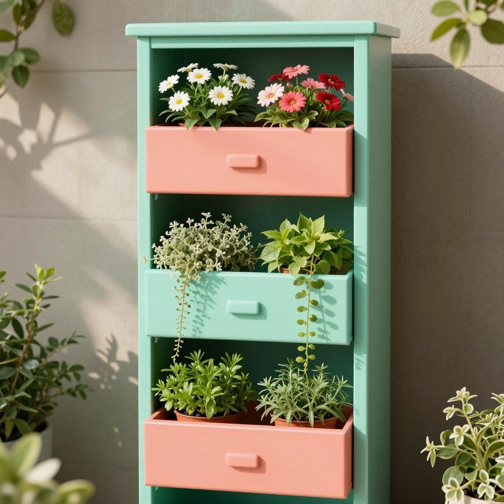 Vertical file cabinet planter with plants in each drawer space