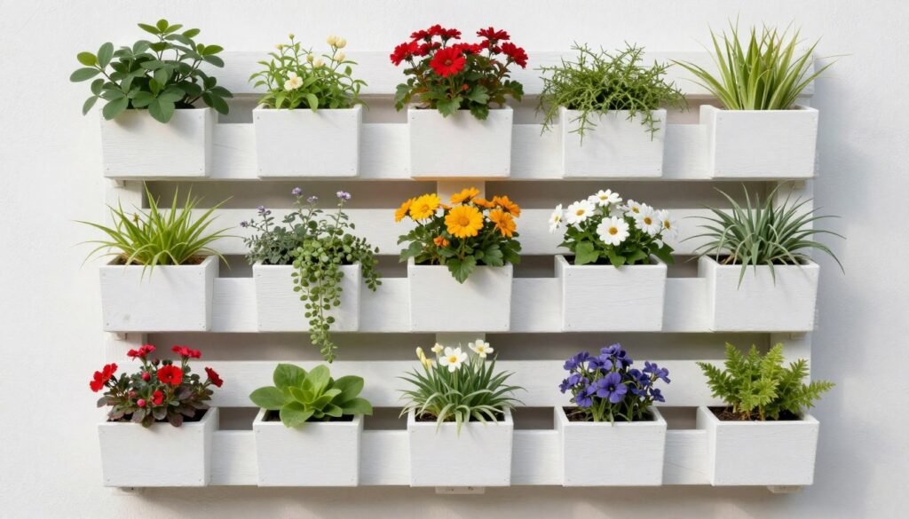 Vertical garden made from wooden pallets painted white and filled with colorful flowers