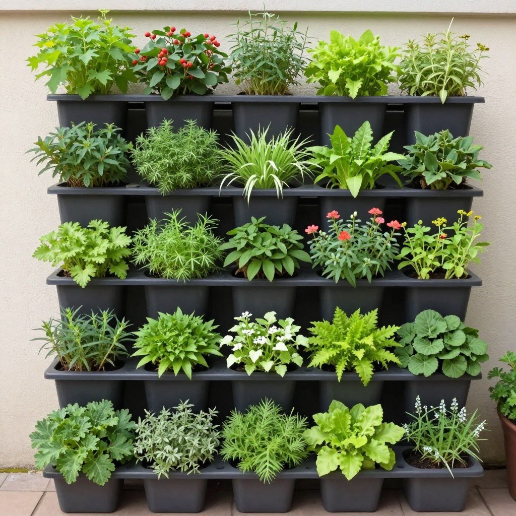 Vertical garden planter with multiple tiers of plants Vertical garden planter with multiple tiers of plants