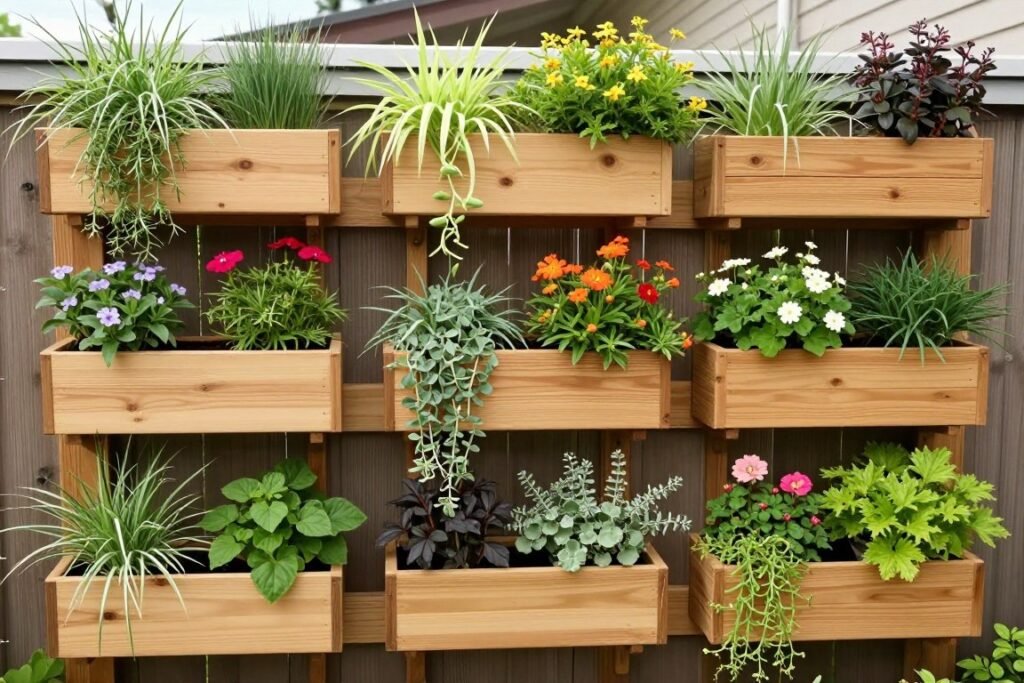 Vertical garden wall made with mounted cedar planters Vertical garden wall made with mounted cedar planters