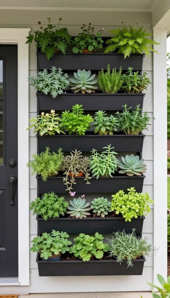 Vertical garden wall with multiple small planters arranged on a porch wall