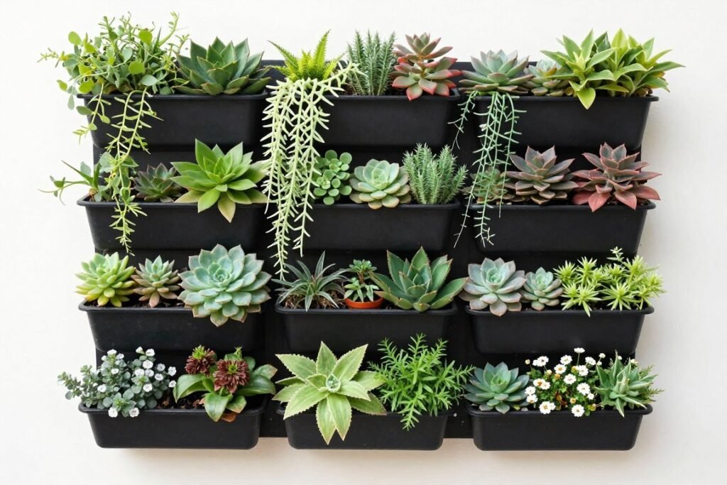 Vertical garden wall with various plants in pocket planters creating a living wall effect Vertical garden wall with various plants in pocket planters creating a living wall effect