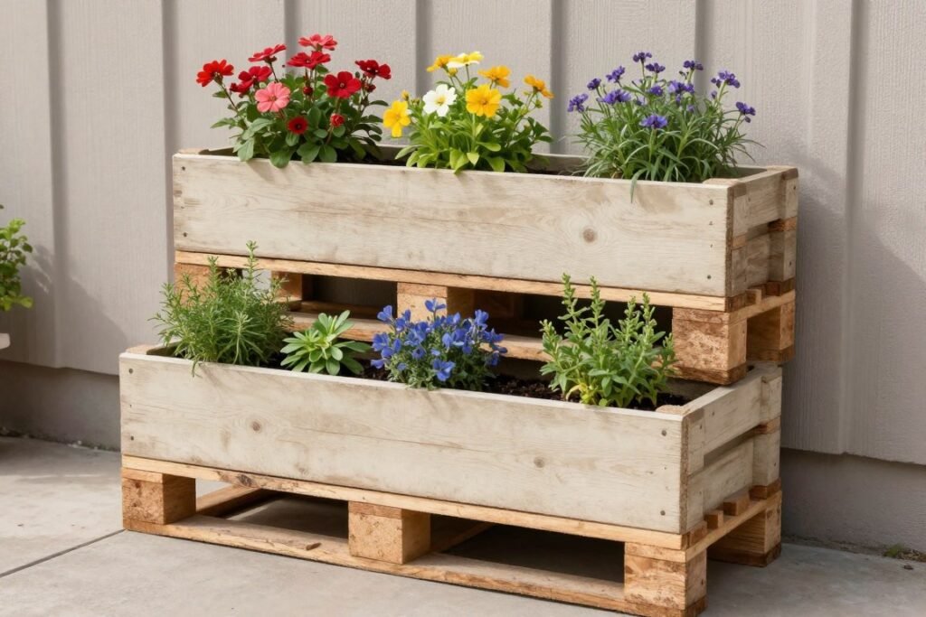 Vertical pallet planter leaning against wall with multiple plants in each section Vertical pallet planter leaning against wall with multiple plants in each section