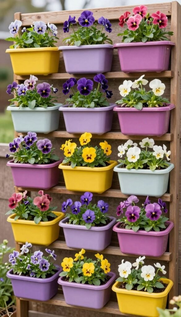 Vertical spring planter wall with multiple colorful containers arranged on a wooden frame