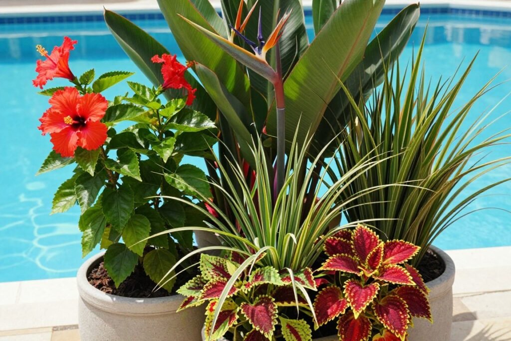 Vibrant poolside planters showcasing tropical plants like hibiscus, bird of paradise, and ornamental grasses