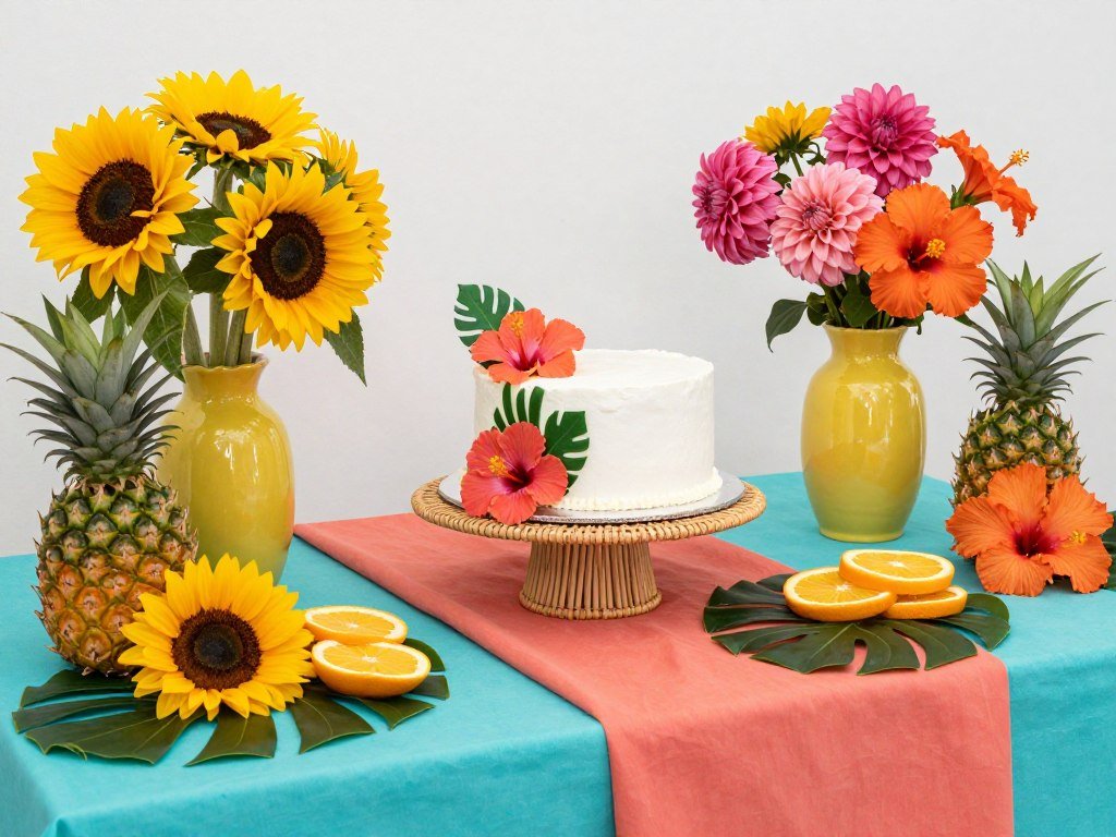 Vibrant summer cake table with bright colors, tropical elements, and fresh fruit accents