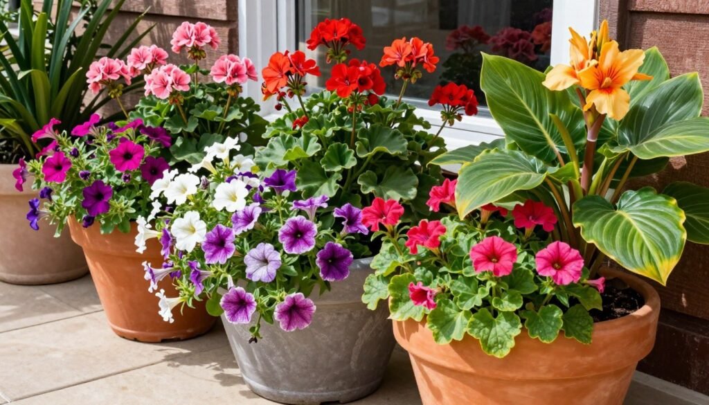 Vibrant summer container gardens with colorful annuals and tropical accent plants