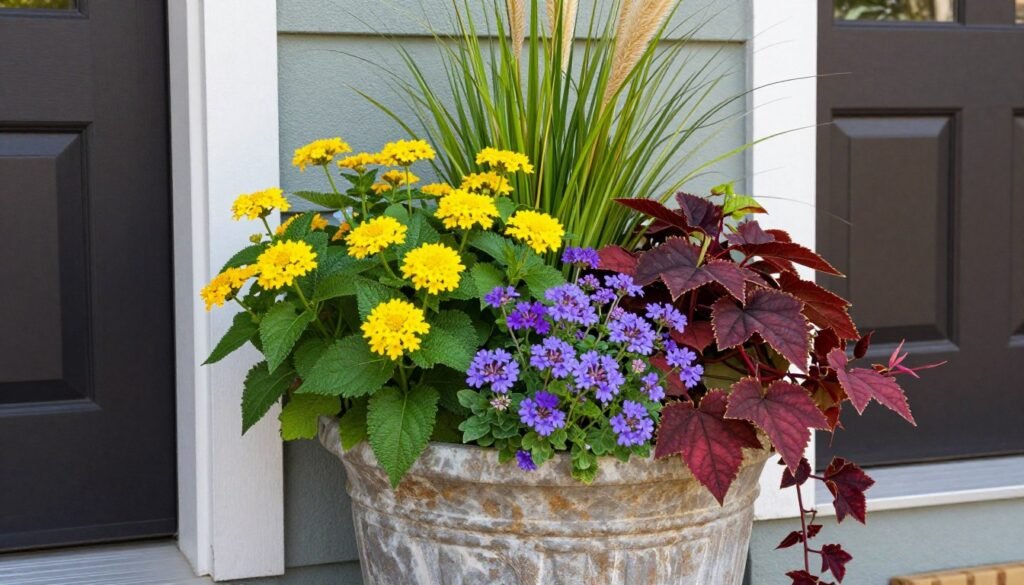 Vibrant summer front door planter with heat-tolerant plants like lantana, verbena, and sweet potato vine Vibrant summer front door planter with heat-tolerant plants like lantana, verbena, and sweet potato vine