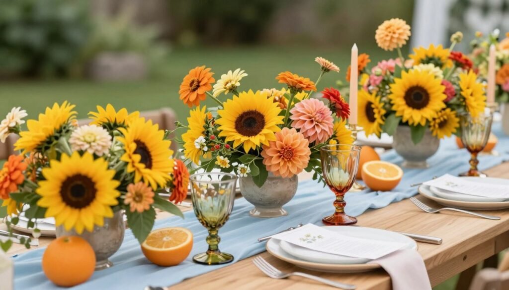 Vibrant summer head table wedding decorations with bright flowers and citrus accents