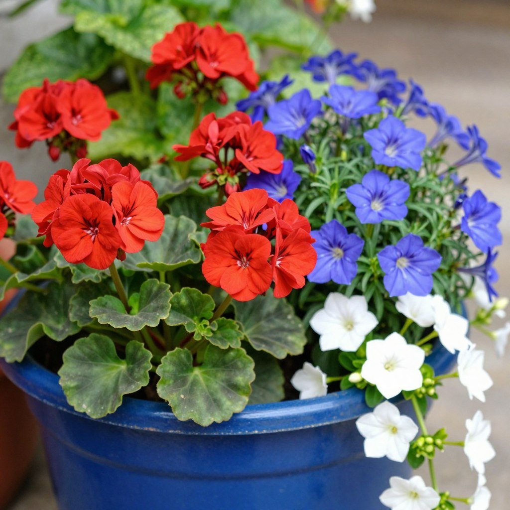 Vibrant summer planter with red geraniums, blue lobelia, and trailing vinca