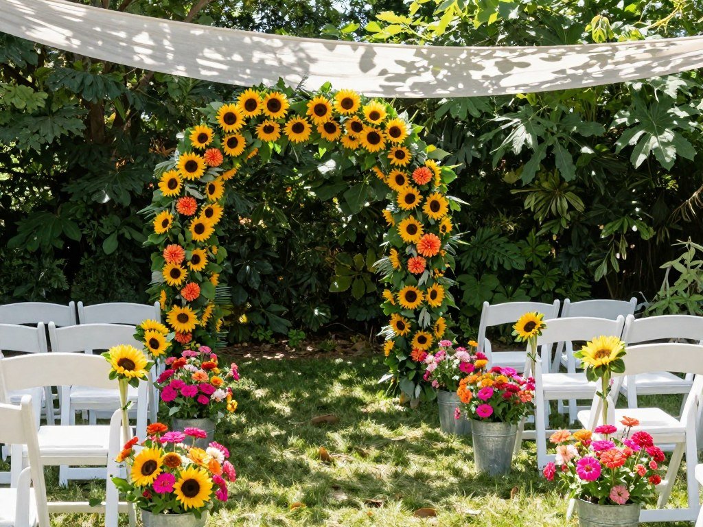 Vibrant summer wedding ceremony with sunflowers and bright colors