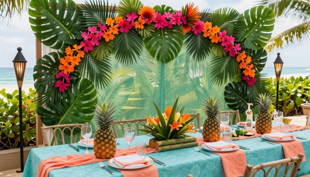 Vibrant tropical bridal shower with palm leaves, bright flowers, and colorful decorations