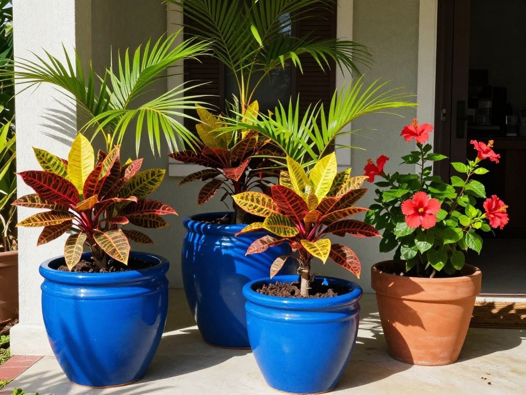 Vibrant tropical planters with palms, colorful foliage, and exotic flowers