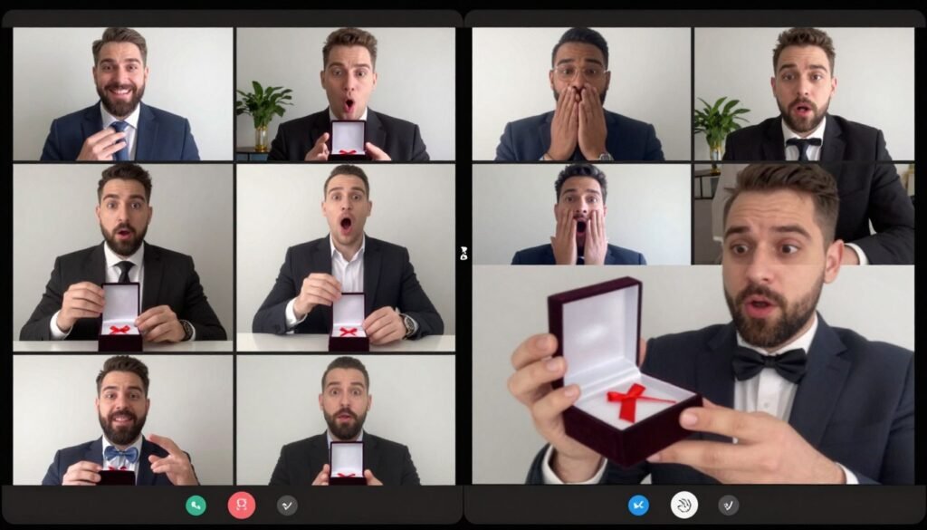 Video call screen showing groomsmen opening proposal boxes remotely