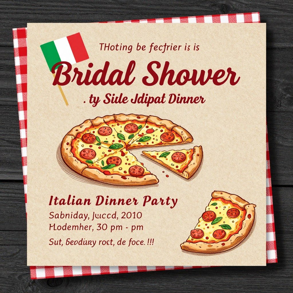 Vintage Italian themed bridal shower invitation with hand drawn pizza illustration