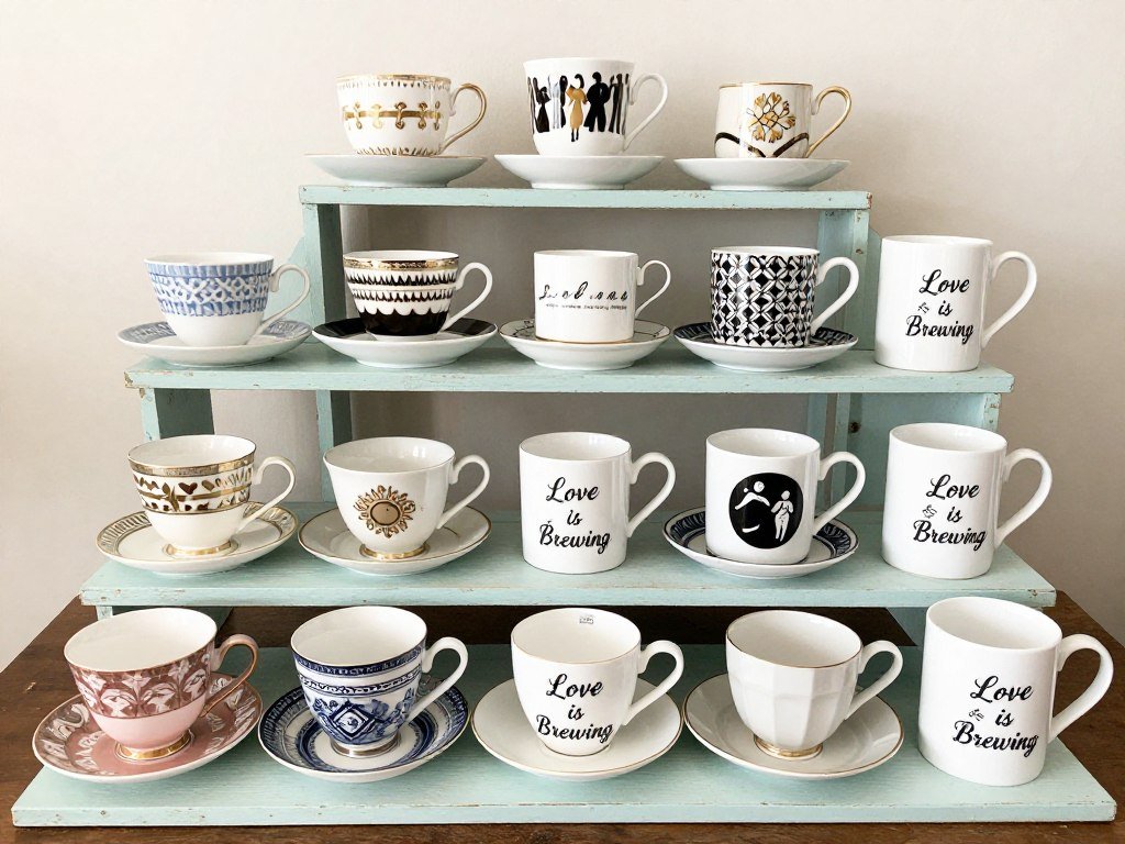 Vintage coffee cups and personalized mugs display for love is brewing bridal shower