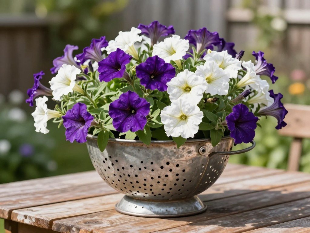 Vintage colander filled with cascading purple and white petunias for spring planting