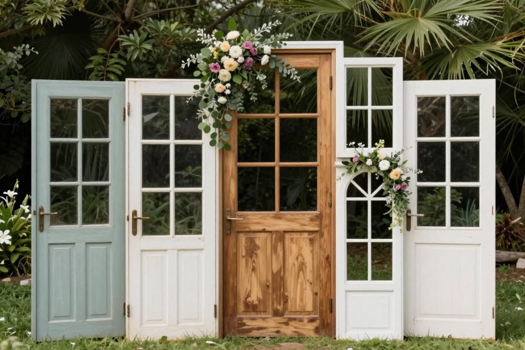 Vintage door or window frames as backyard wedding decorations