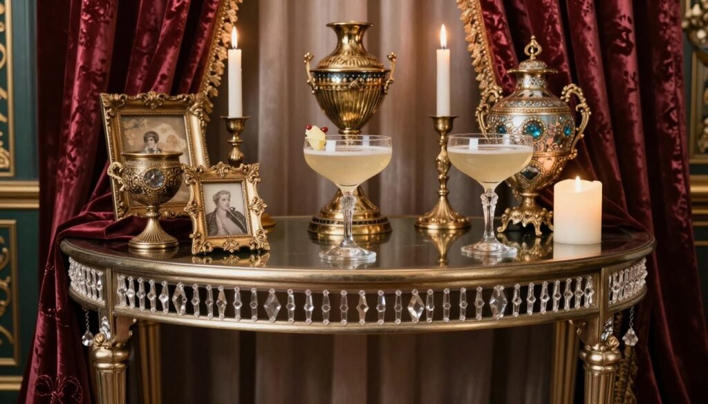 Vintage glamour themed cocktail table with metallic accents and jewel tones