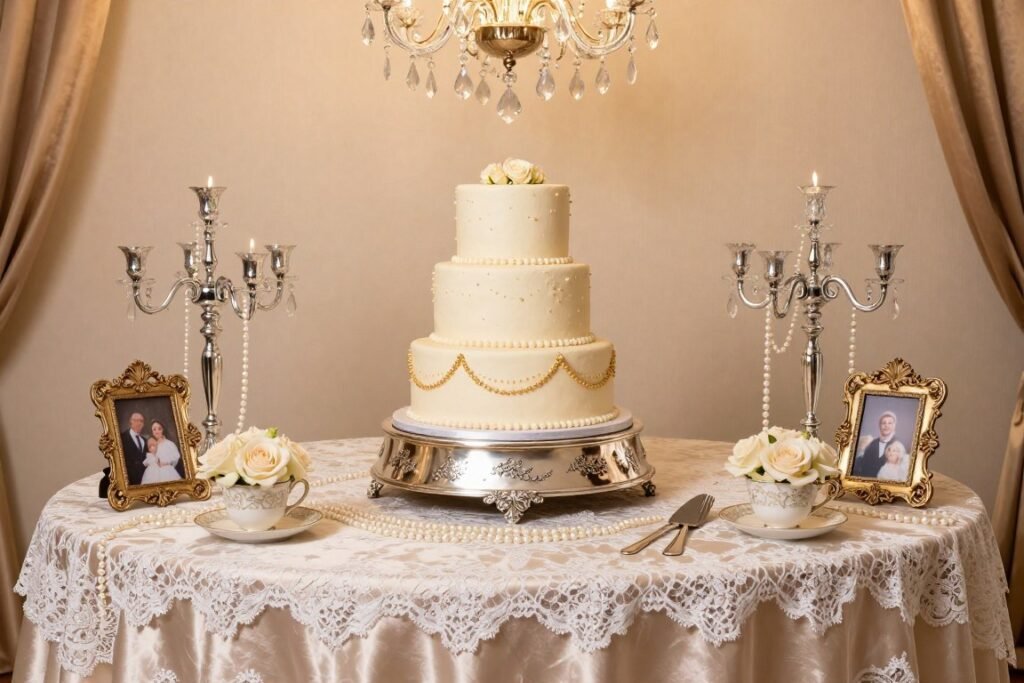 Vintage glamour wedding cake table with antique elements, lace details, and pearl accents