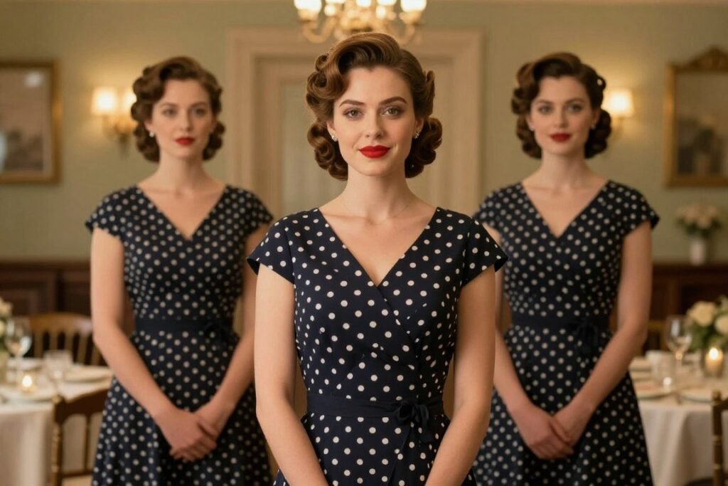 Vintage-inspired bridesmaid hairstyle with victory rolls