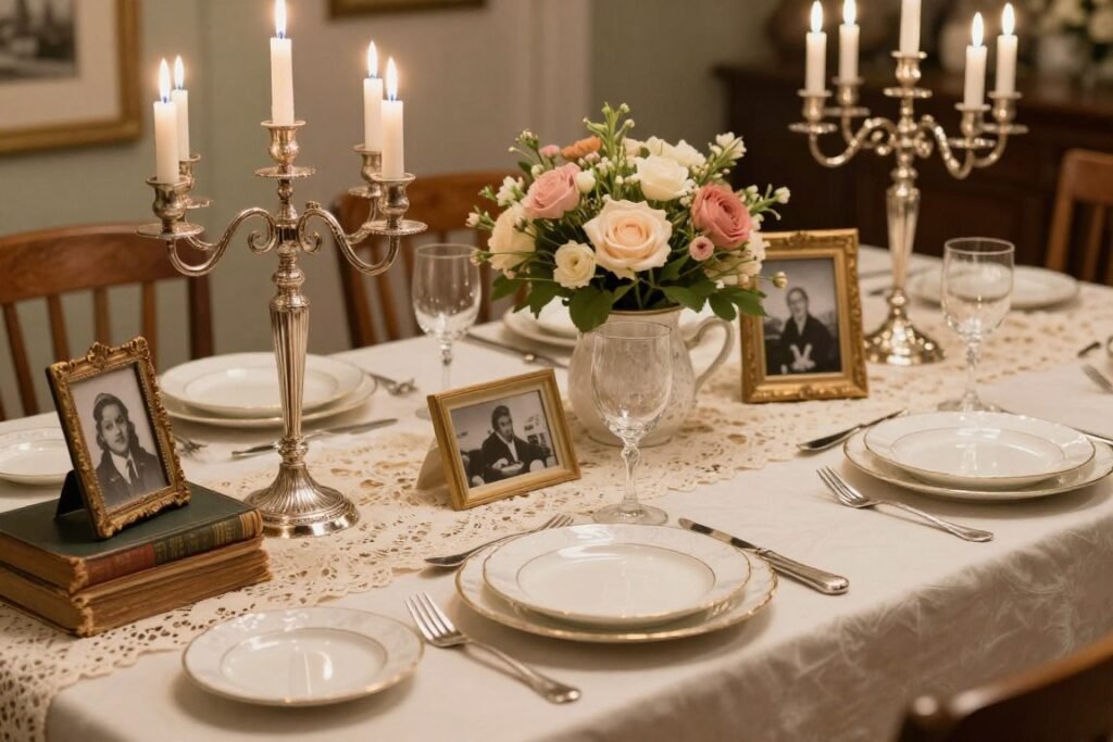 Vintage-inspired rehearsal dinner decorations with antique elements, lace details and nostalgic touches