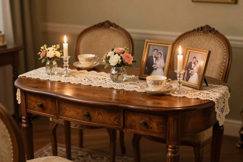 Vintage-inspired sweetheart table with antique furniture, lace details, and mercury glass candle holders Vintage-inspired sweetheart table with antique furniture, lace details, and mercury glass candle holders