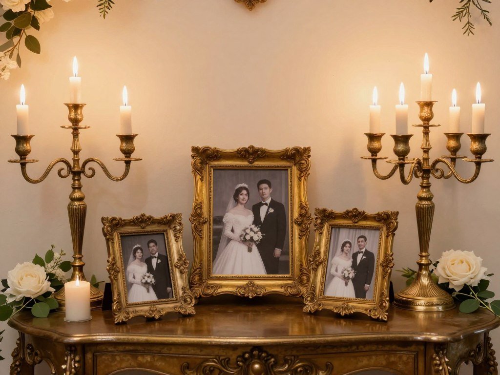 Vintage-inspired wedding decor with antique candelabras and picture frames Vintage-inspired wedding decor with antique candelabras and picture frames