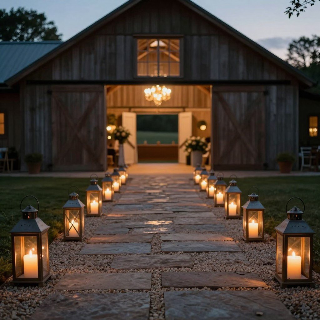 Vintage lanterns and candles creating pathway to barn wedding entrance Vintage lanterns and candles creating pathway to barn wedding entrance