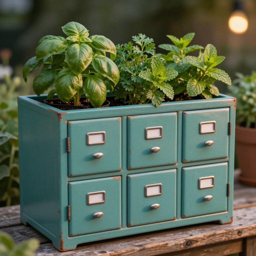 Vintage-style file cabinet planter with herbs