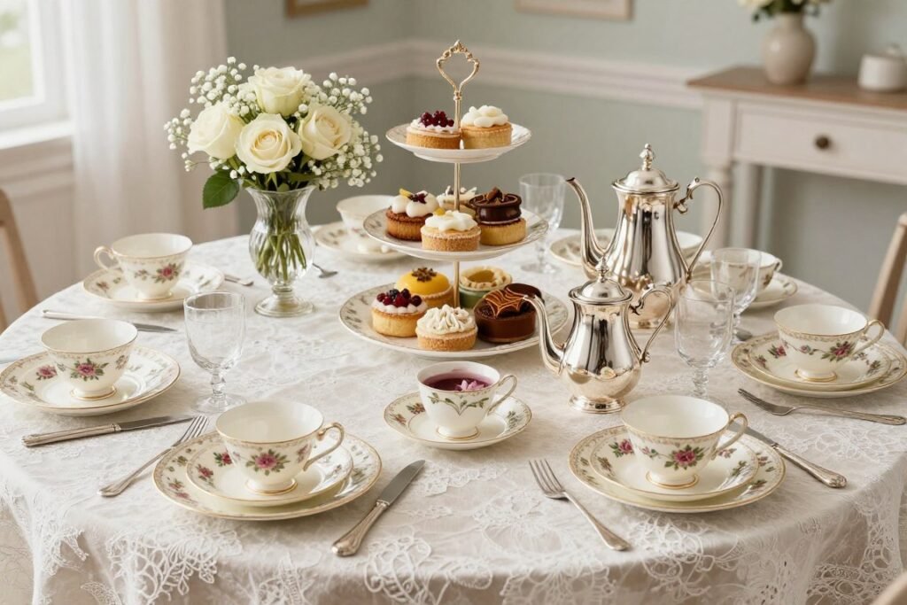 Vintage tea party bridal shower table with mismatched china, teapots, and delicate flowers