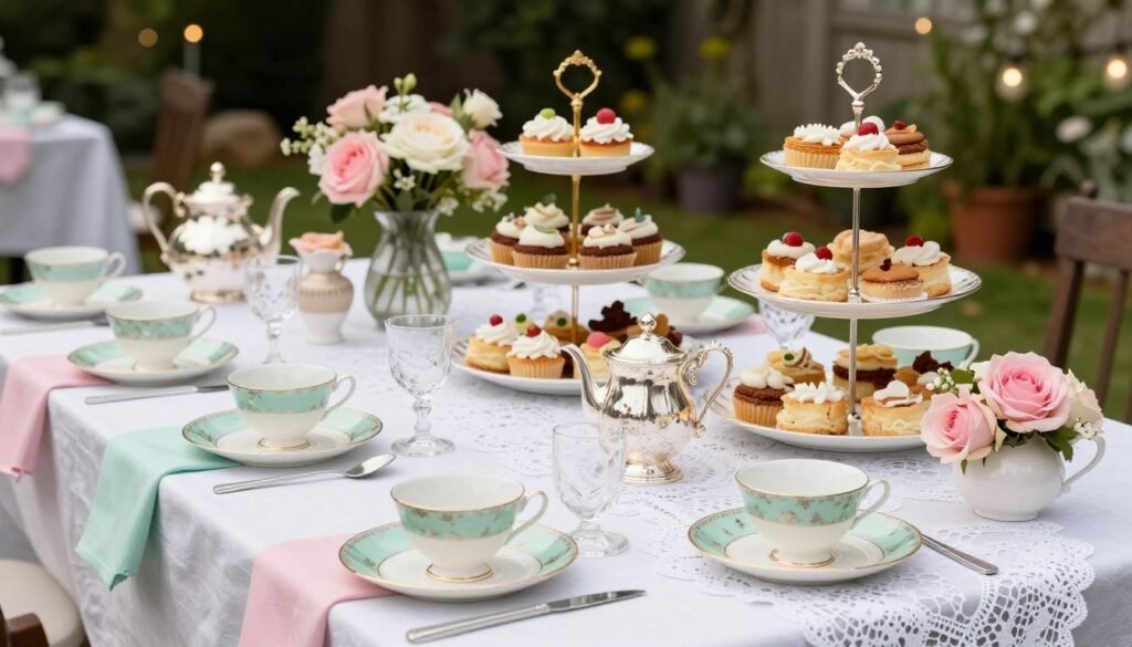 Vintage tea party bridal shower with delicate china, lace tablecloths, and pastel decorations
