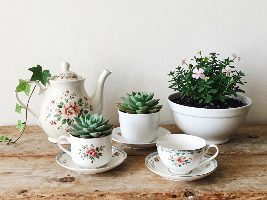 Vintage teapot and teacups repurposed as planters with succulents and small flowering plants Vintage teapot and teacups repurposed as planters with succulents and small flowering plants