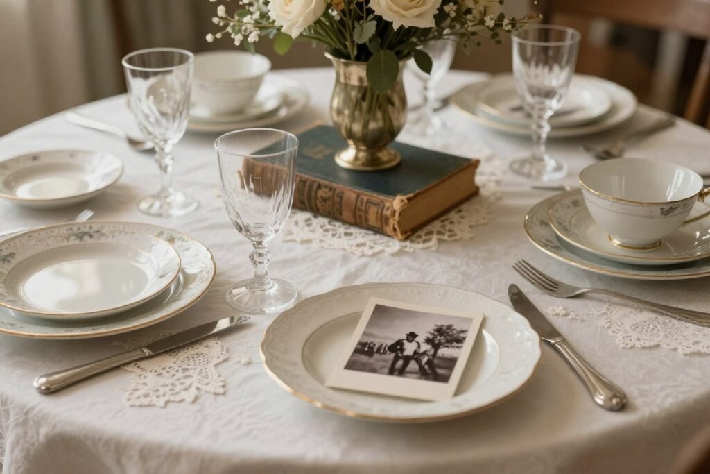 Vintage themed wedding table with antique decorations